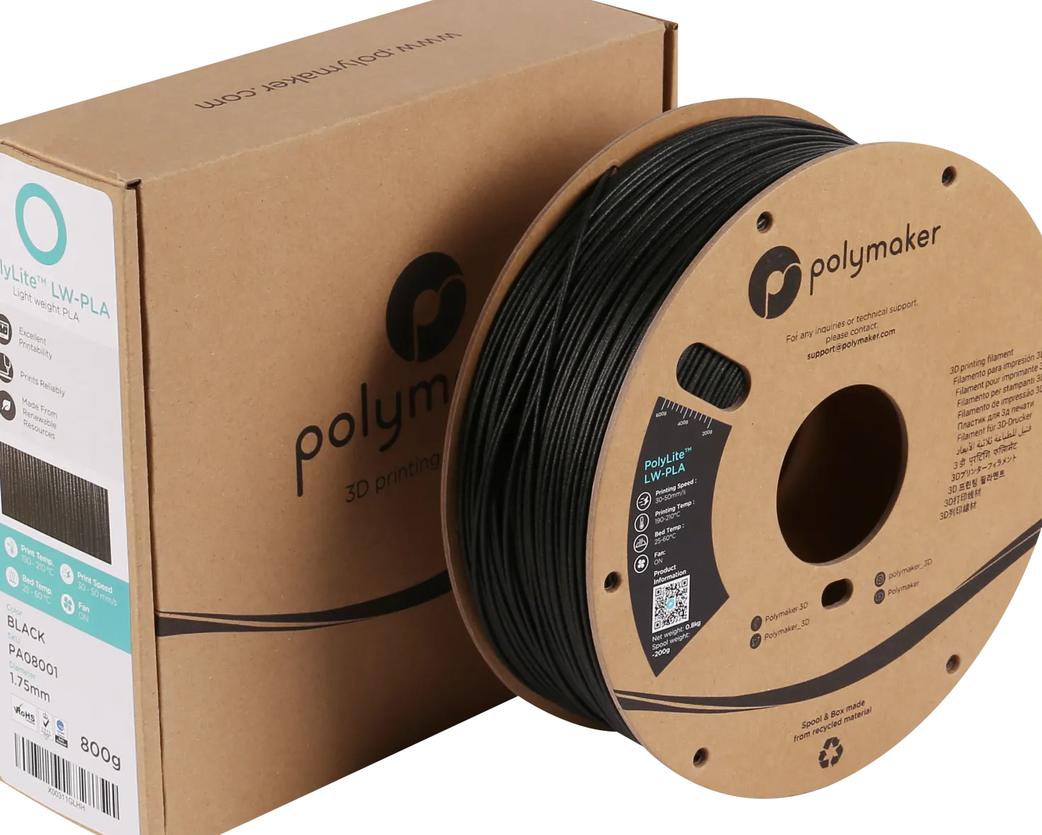 Polymaker - Polylite LW-PLA - Black - 1.75mm - 800g