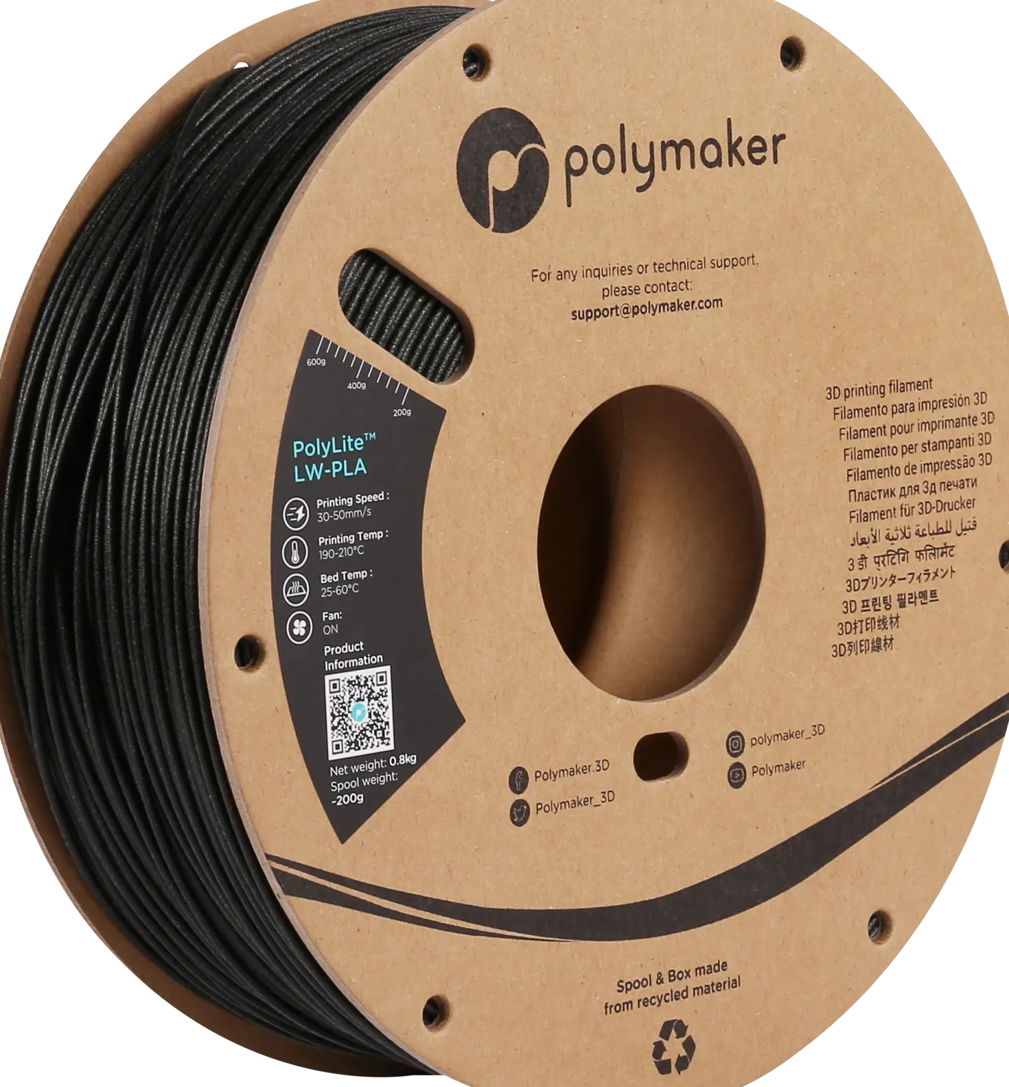 Polymaker - Polylite LW-PLA - Black - 1.75mm - 800g