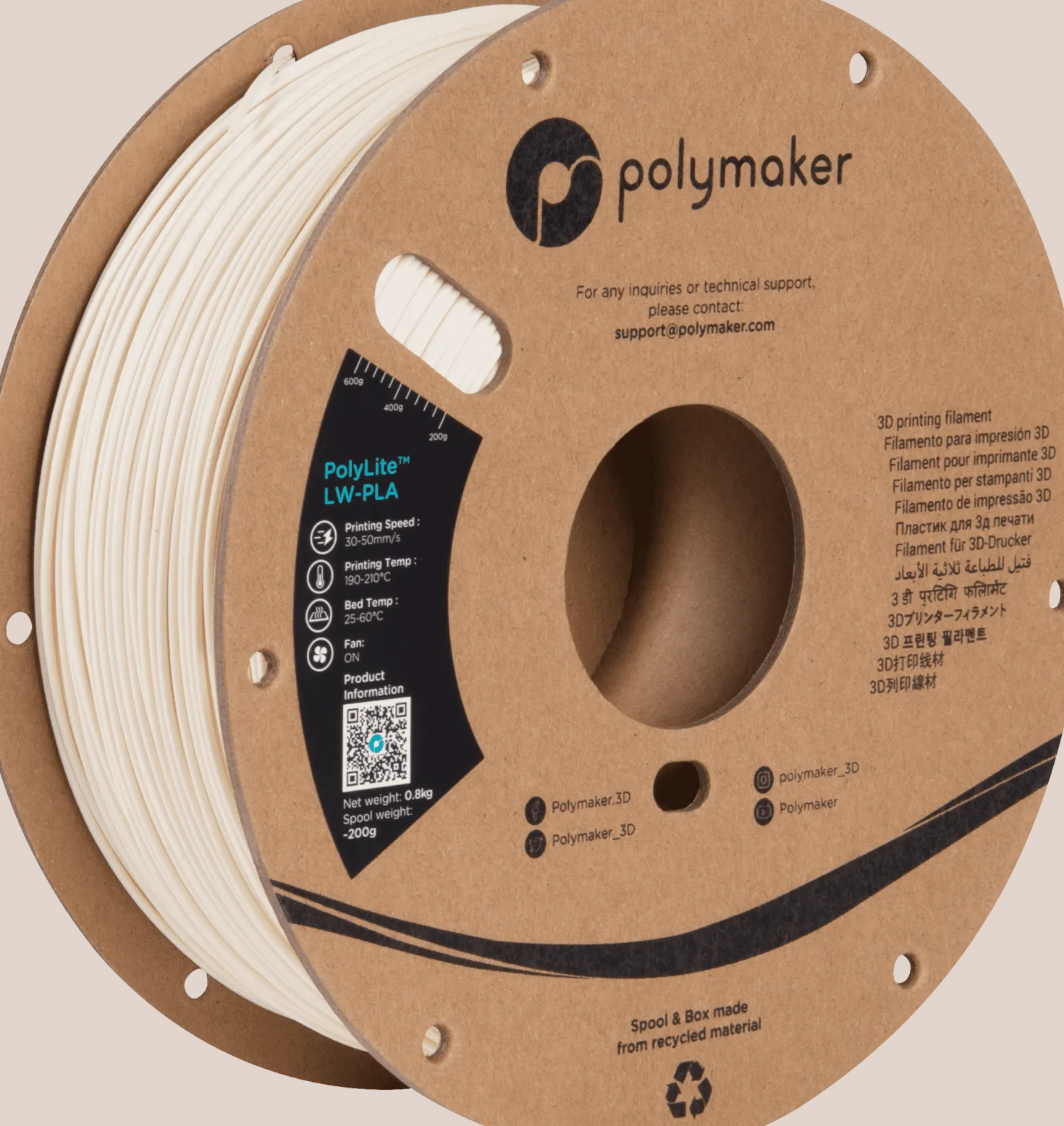 Polymaker - Polylite LW-PLA - White - 1.75mm - 800g